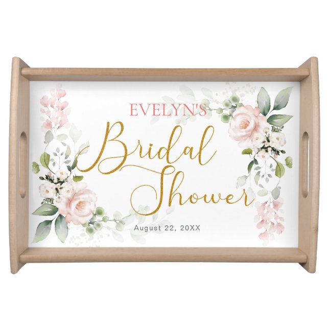 Pink Roses Greenery Foliage Bridal Shower Serving Tray (Front)