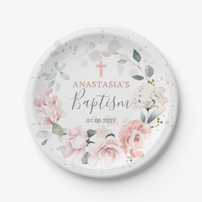 Pink Roses Greenery Foliage Cross Baptism Paper Plates (Front)