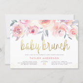 Pink Roses & Greenery Gold Baby Brunch Baby Shower Invitation (Front)