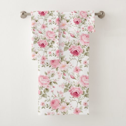 Pink Roses Greenery Shabby Chic Bath Towel Set