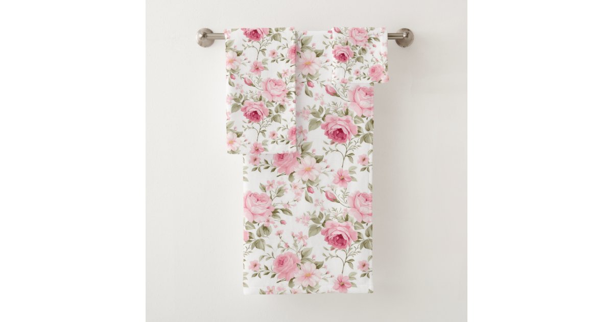 Pink Roses Greenery Shabby Chic Bath Towel Set Zazzle