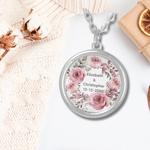 Pink Roses Greenery Watercolor Wedding Anniversary Silver Plated Necklace