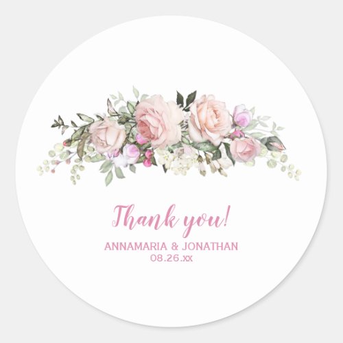 Pink Roses  Greenery Wedding Thank You Classic Round Sticker