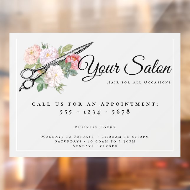 Pink Roses Hair Salon Opening Hours Light Gray Window Cling (Sheet 2)
