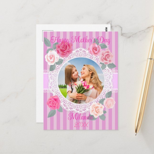 Pink Roses Happy Mother’s Day Postcard (Front/Back In Situ)