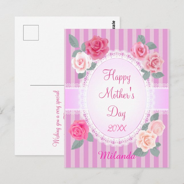 Pink Roses Happy Mother’s Day Postcard (Front/Back)