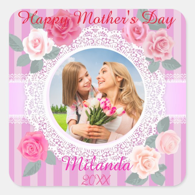 Pink Roses Happy Mother’s Day Square Sticker (Front)
