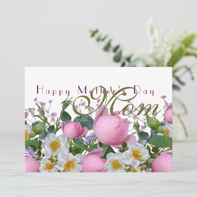 Pink Roses Happy Mothers Day Mom Card (Standing Front)