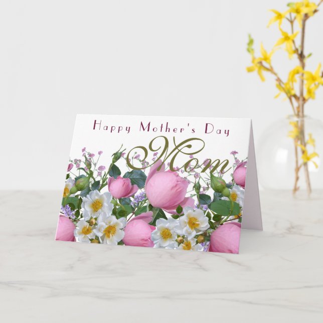 Pink Roses Happy Mothers Day Mom Card (Yellow Flower)