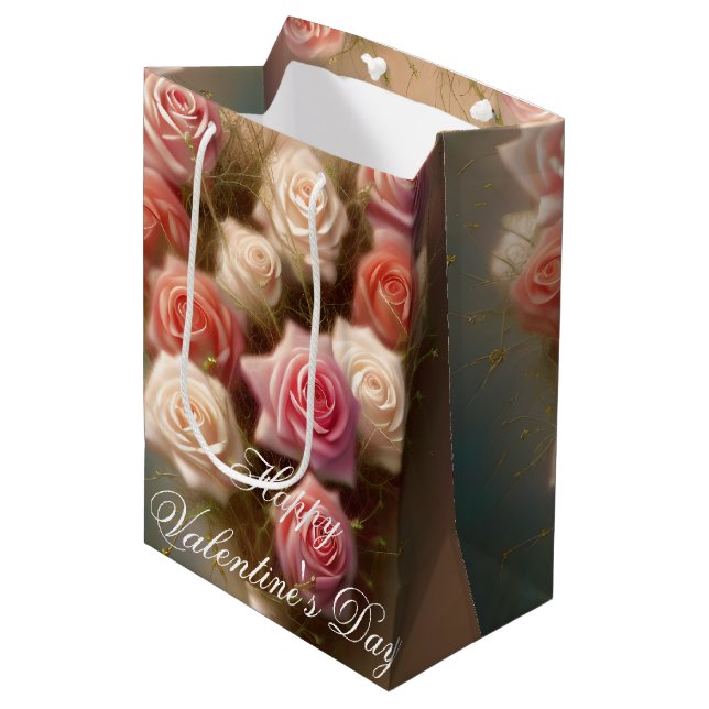 Pink roses heart bouquet valentine  medium gift bag (Front Angled)