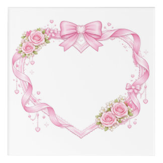 Pink Roses Heart Frame Bow Ribbon Floral Border Acrylic Print