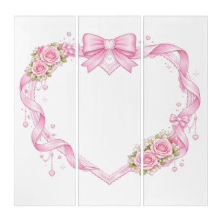 Pink Roses Heart Frame Bow Ribbon Floral Border Triptych