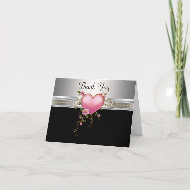 Pink Roses Heart Pink and Black Thank You Cards (Front)