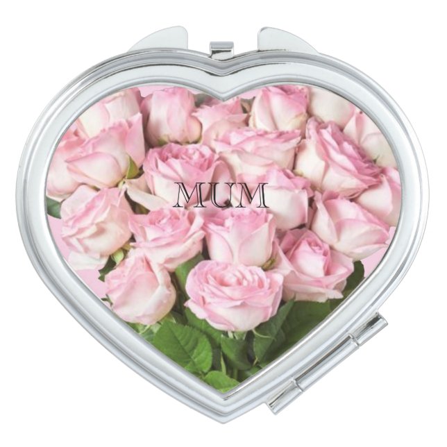 Pink Roses Heart Shaped Compact Mirror (Front)