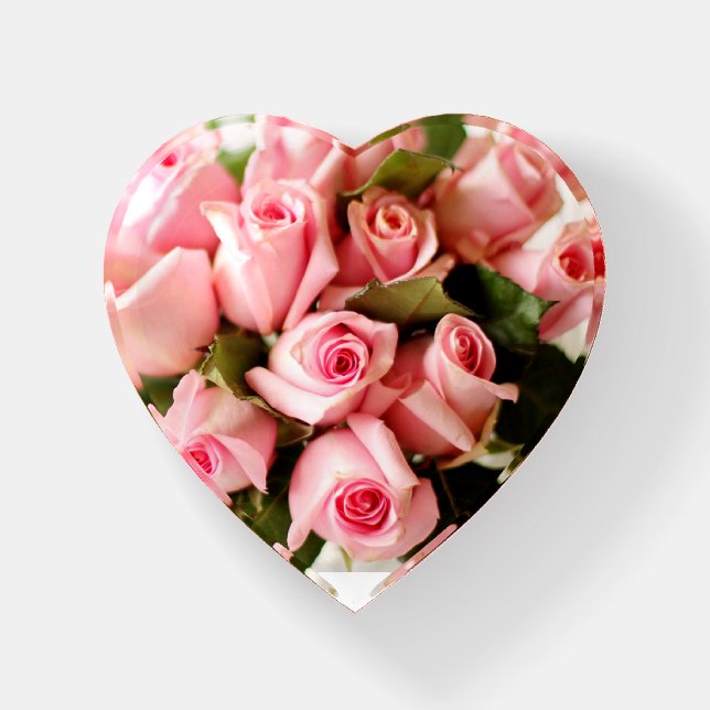 Pink Roses Heart Shaped Paperweight (Front)