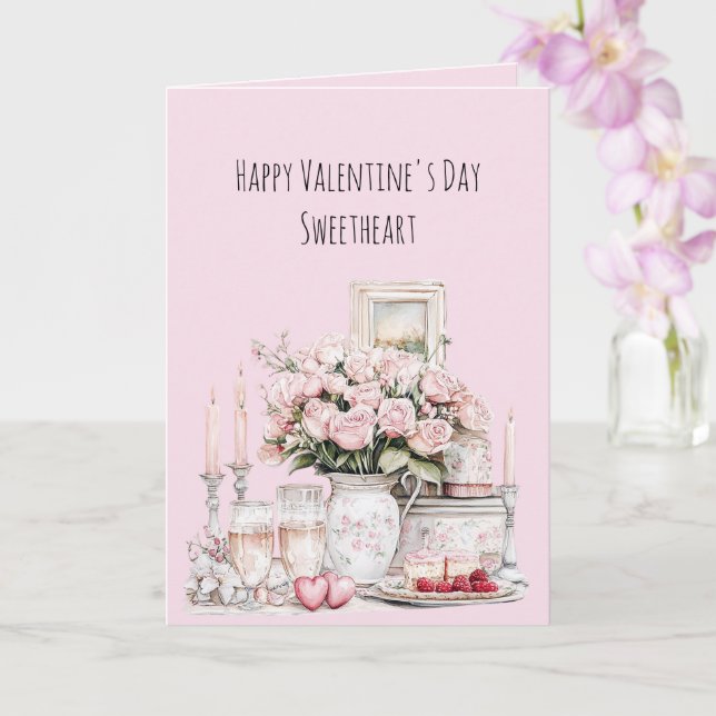 Pink Roses Hearts Candles Romantic Love Card (Orchid)