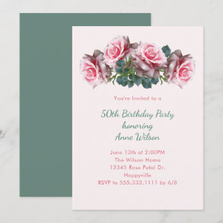 Pink Roses Her Birthday Party Invitation