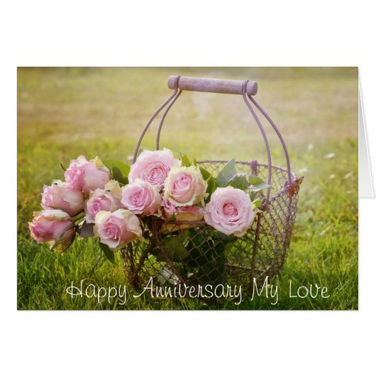 Pink Roses i a Basket, elegant Anniversary Card (Front Horizontal)