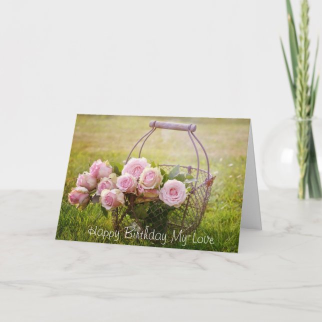 Pink Roses i a Basket, elegant Birthday Card (Front)