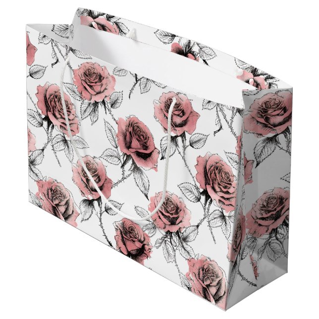 Pink Roses Illustration Style Valentine's Day Large Gift Bag (Back Angled)