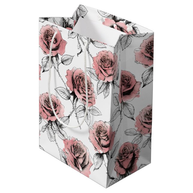 Pink Roses Illustration Style Valentine's Day Medium Gift Bag (Back Angled)