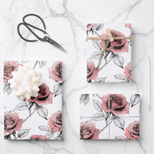 Pink Roses Illustration Style Valentine's Day Wrapping Paper Sheets