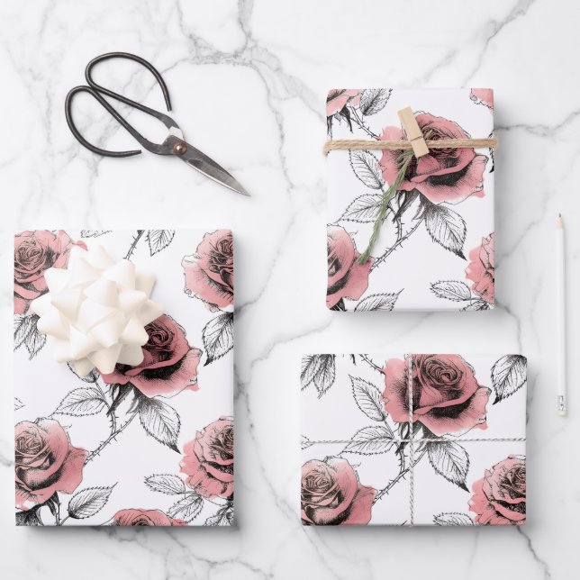 Pink Roses Illustration Style Valentine's Day Wrapping Paper Sheets (Front)