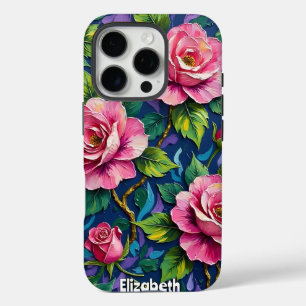 Pink Roses in a Moody Blue Garden iPhone 16 Pro Case