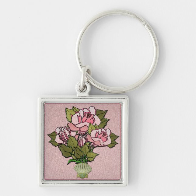 Pink Roses in Seashell Vase Keychain (Front)