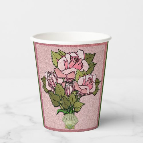 Pink Roses in Seashell Vase Paper Cups