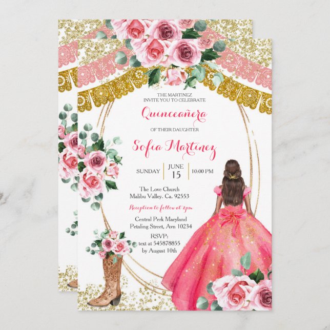 Pink Roses Invite - White Mexican Girl 15 Birthday (Front/Back)