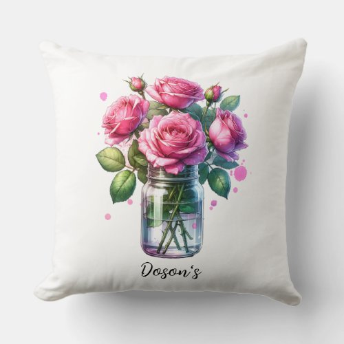 Pink Roses Jar Vase Watercolor Throw Pillow