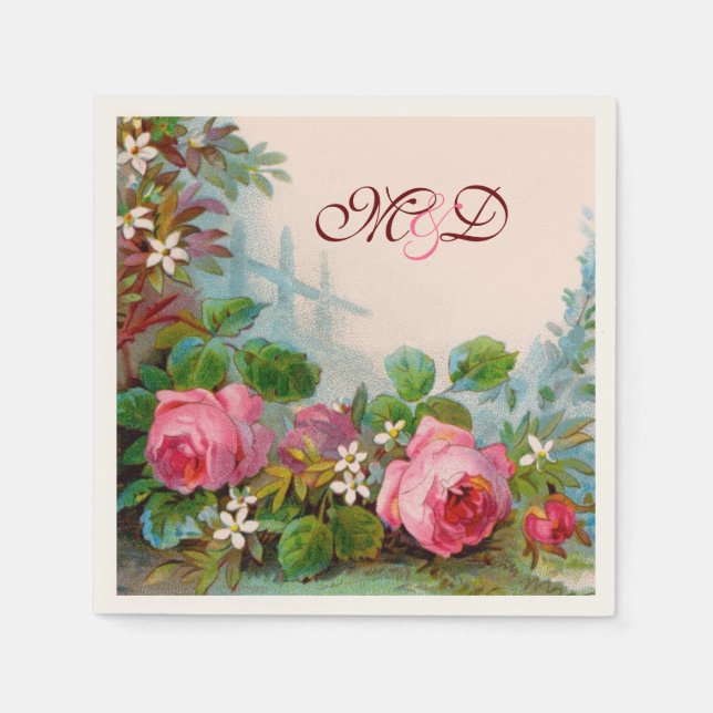 PINK ROSES,JASMINES FLORAL WEDDING MONOGRAM NAPKINS (Front)