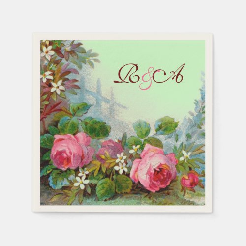 PINK ROSESJASMINES FLORAL WEDDING MONOGRAM Teal Paper Napkins