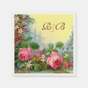 PINK ROSES,JASMINES FLORAL WEDDING MONOGRAM Yellow Paper Napkins