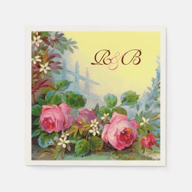 PINK ROSES,JASMINES FLORAL WEDDING MONOGRAM Yellow Paper Napkins (Front)