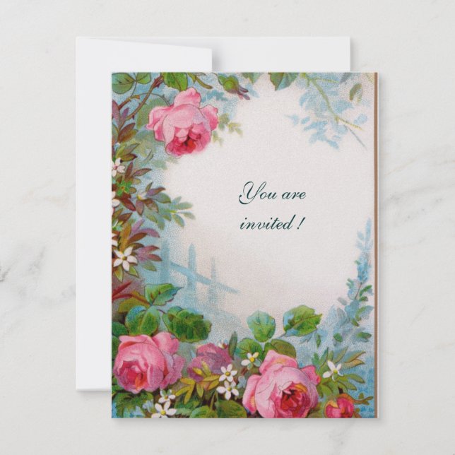 PINK ROSES, JASMINES Floral White Pearl  Paper Invitation (Front)