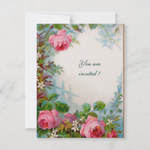 PINK ROSES, JASMINES Floral White Pearl Paper Invitation