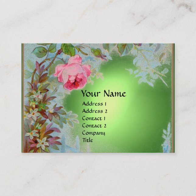 PINK ROSES & JASMINES MONOGRAM GEM STONE green Business Card (Front)