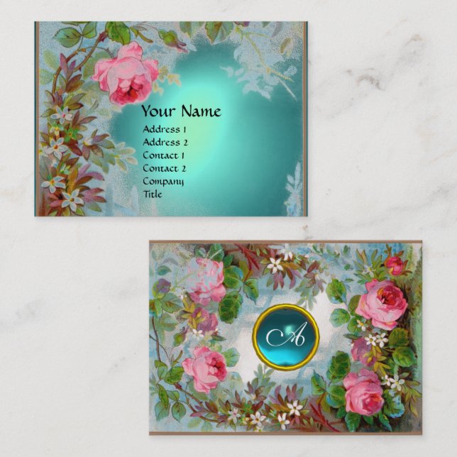 PINK ROSES & JASMINES MONOGRAM GEM STONE teal blue Business Card (Front/Back)