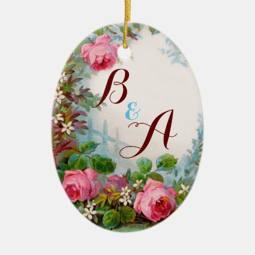 PINK ROSES  JASMINES MONOGRAM  Wedding Souvenir Ceramic Ornament