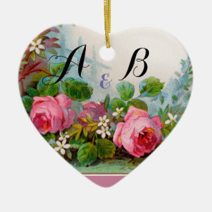 PINK ROSES & JASMINES MONOGRAM  Wedding Souvenir Ceramic Ornament