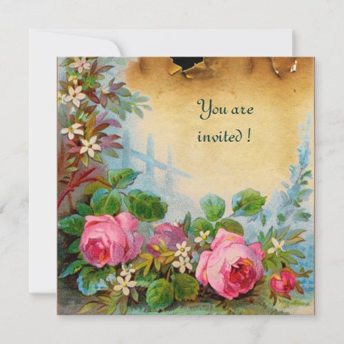 PINK ROSES  JASMINES parchment pink green Invitation