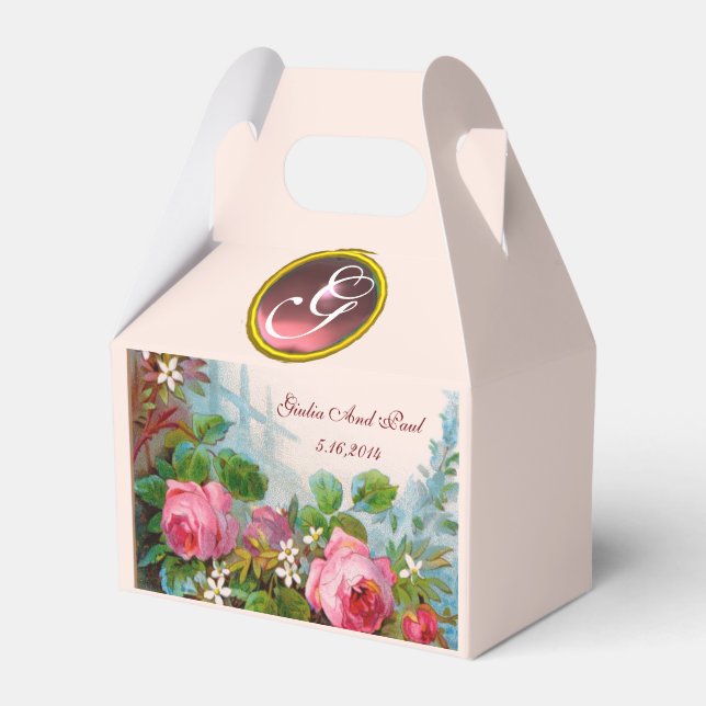 PINK ROSES ,JASMINES WEDDING GEM MONOGRAM FAVOR BOXES (Front Side)