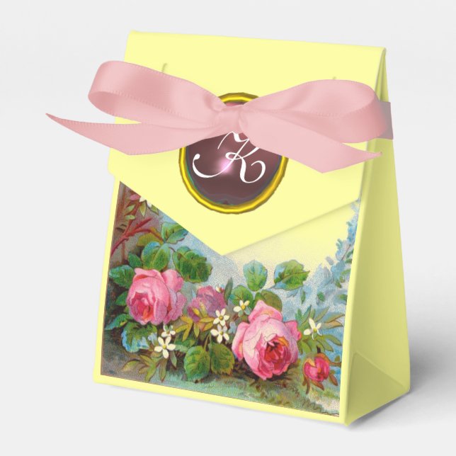 PINK ROSES ,JASMINES WEDDING GEM MONOGRAM Yellow Favor Boxes (Front Side)