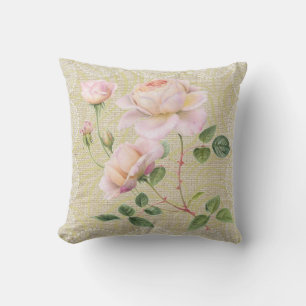 Pink roses & lace floral vintage pillow