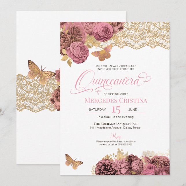 Pink Roses & Lace Gold Butterfly Quinceañera Invitation (Front/Back)