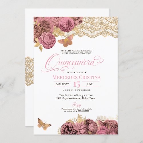 Pink Roses  Lace Gold Butterfly Quinceaera Invitation