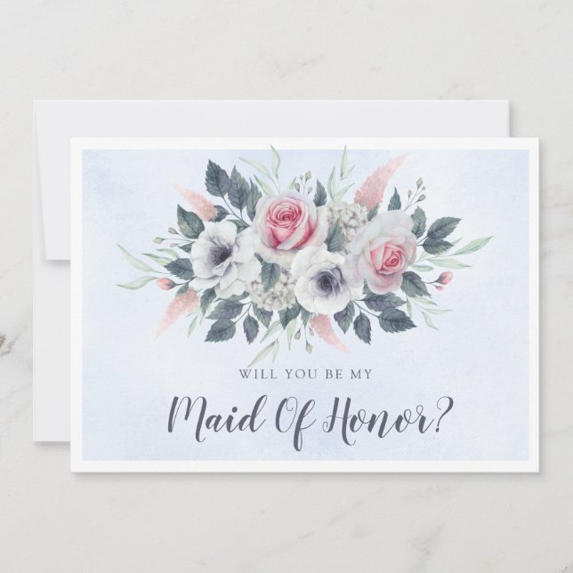 Pink Roses Light Blue Will You Be My Maid Of Honor (Front)