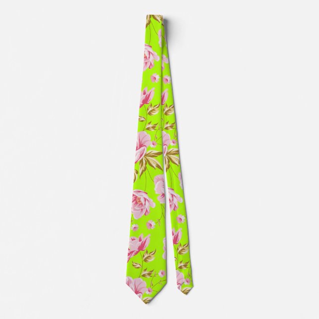 Pink roses light green background neck tie (Front)